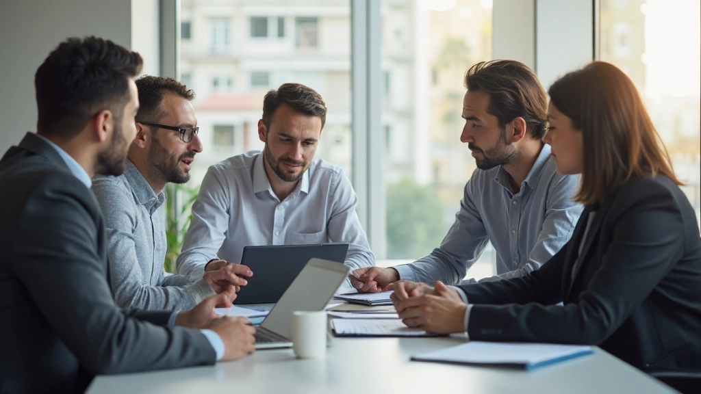 Команда маркетологов обсуждает брендинговую стратегию на встрече в конференц-зале