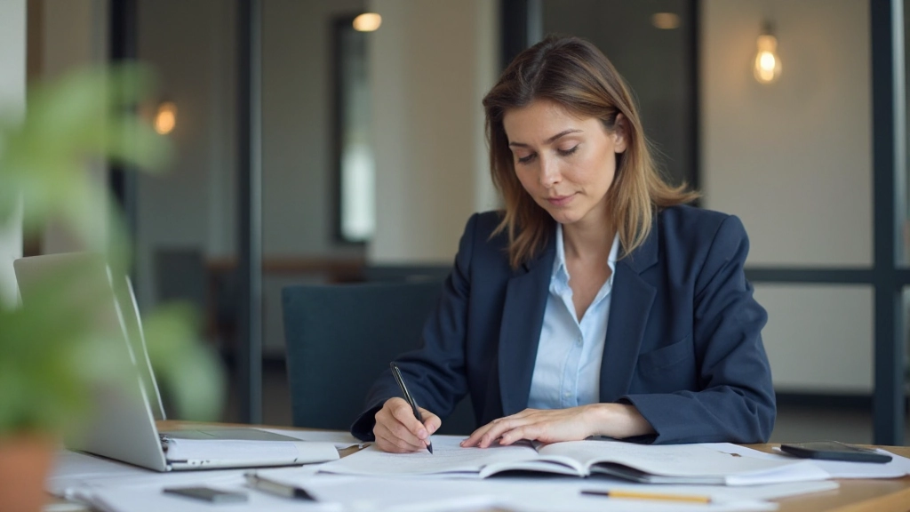 Консультант работает над планом развития программы, сидя за столом с ноутбуком и учебными материалами