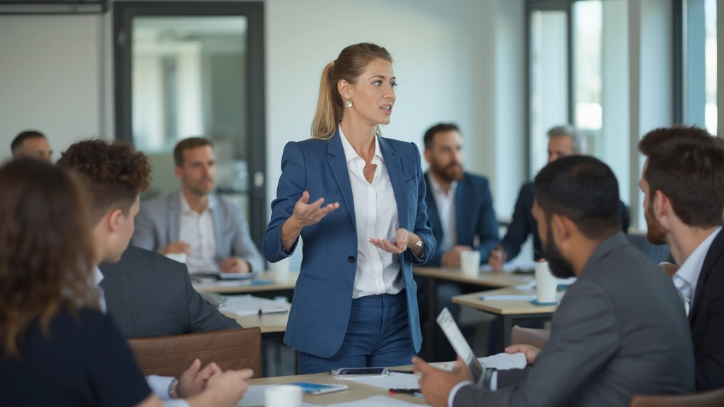 Специалист проводит обучающий семинар для группы предпринимателей в учебном классе