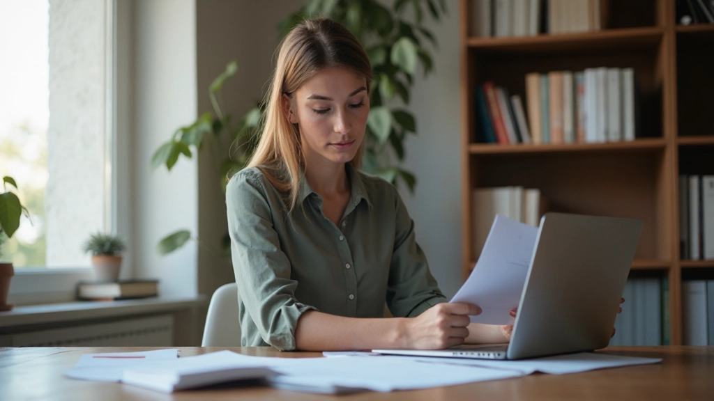 Профессиональный переводчик работает с документами и языковыми ресурсами на современном рабочем месте