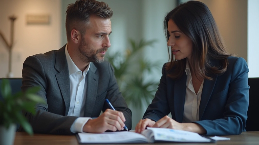 Фото финансового консультанта, обсуждающего инвестиционный портфель с клиентом