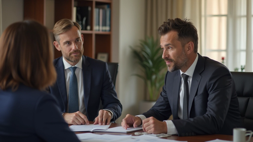 Профессиональное фото финансового консультанта, обсуждающего инвестиционный портфель с клиентом в офисе