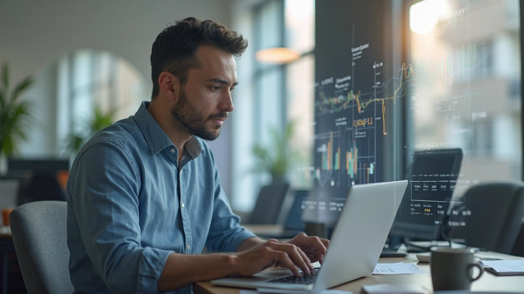 Современное рабочее место с компьютером и финансовыми данными на экране