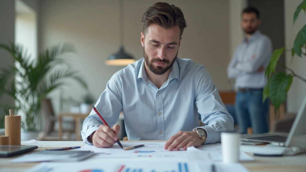 Молодой предприниматель разрабатывает план развития своего бизнеса за столом с графиками и диаграммами