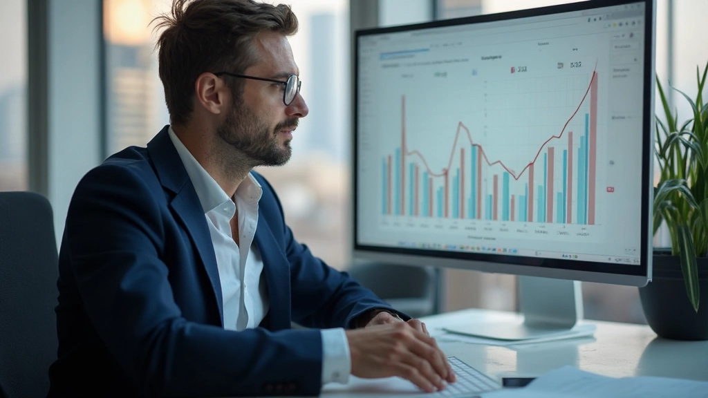 Профессиональный деловой человек в офисе, изучающий график роста и статистику на экране компьютера