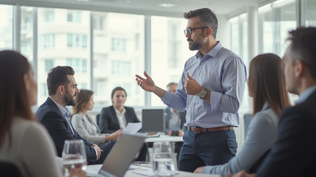 Профессиональный тренер проводит сессию обучения с группой участников в современном учебном классе