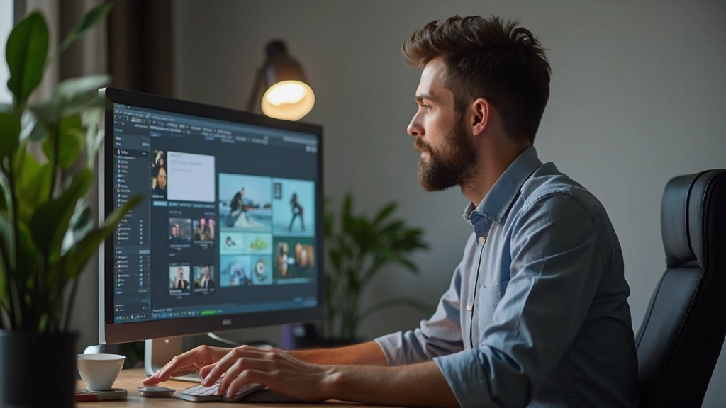 Монитор компьютера, отображающий видеоредактор с проектом в процессе монтажа