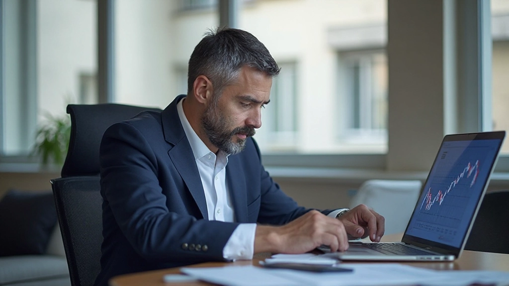 Финансовый консультант анализирует инвестиционные портфели и графики на экране компьютера