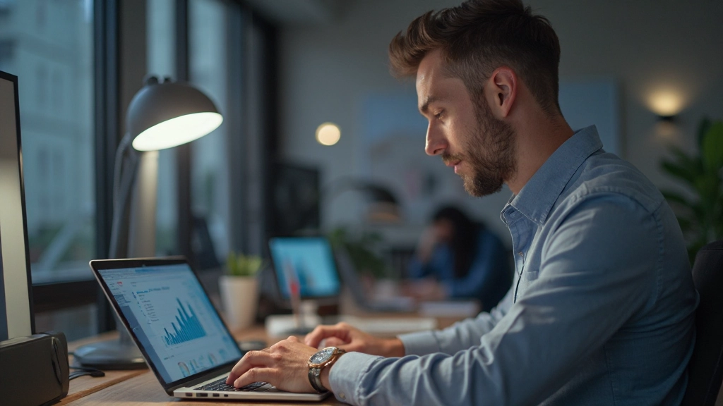 Специалист по маркетингу анализирует аналитику и метрики кампании на экране компьютера