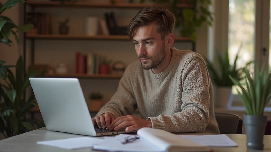 Фрилансер проходит онлайн-обучение за компьютером с конспектами