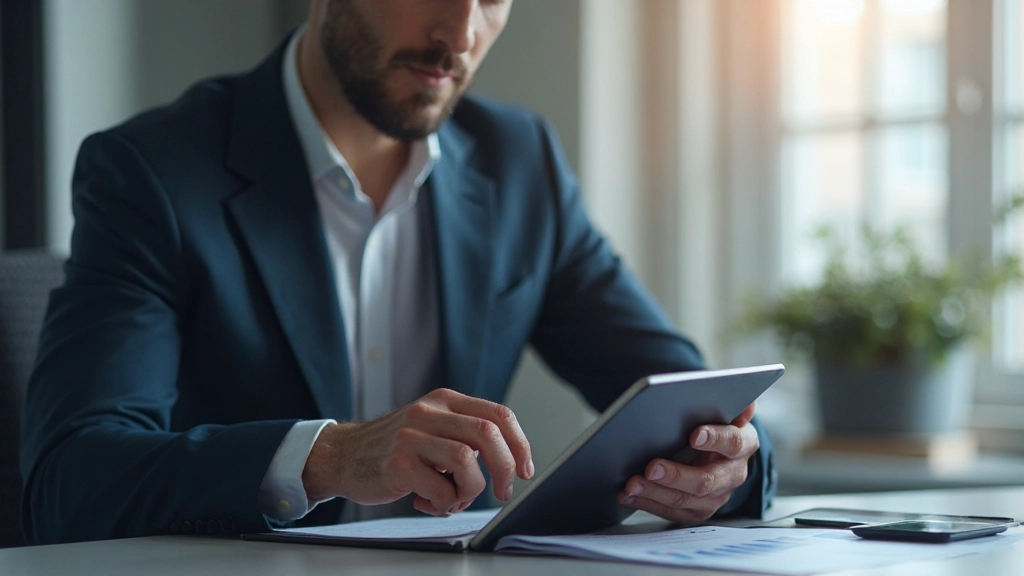 Профессиональное фото человека, анализирующего финансовые данные на планшете в современном офисе