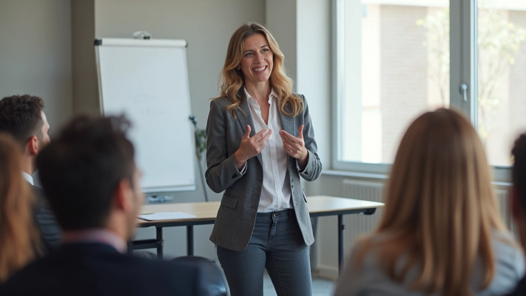 Преподаватель проводит интерактивный урок со студентами в современной аудитории