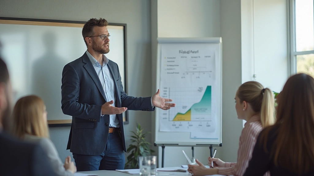 Фото профессионального тренера, проводящего деловой семинар с командой