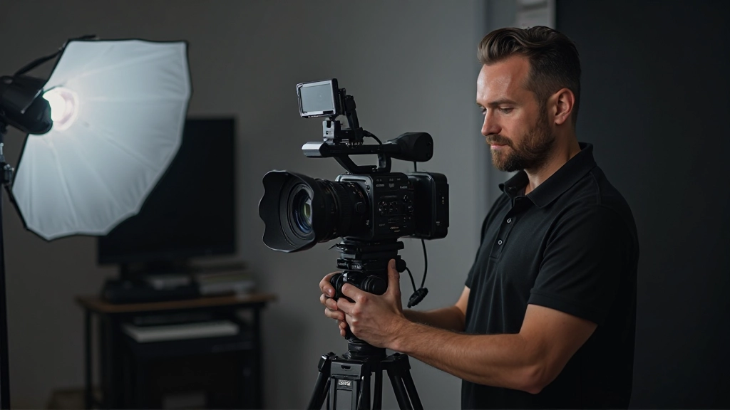 Профессиональная видеокамера и оборудование на столе в студии