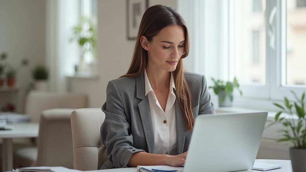 Профессиональное фото женщины, изучающей различные источники дополнительного дохода на ноутбуке