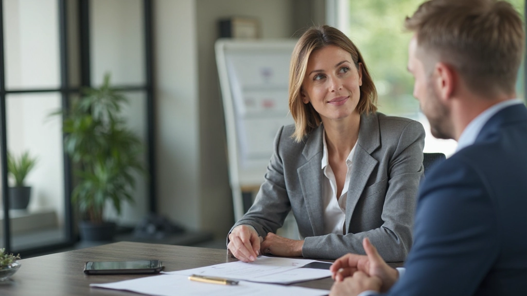 Финансовый советник обсуждает инвестиционную стратегию с клиентом в офисе