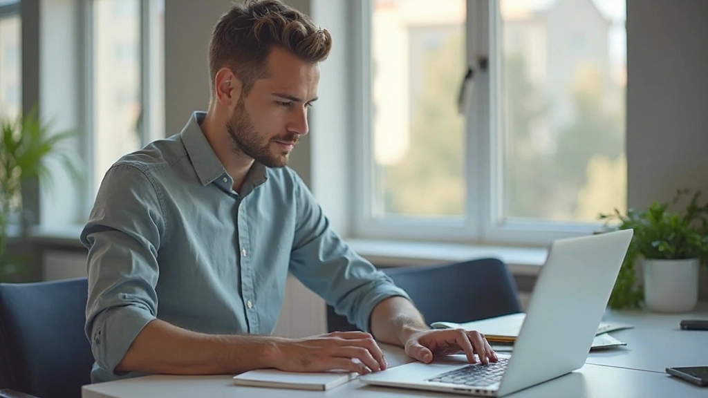 Молодой предприниматель работает над развитием своего проекта с ноутбуком