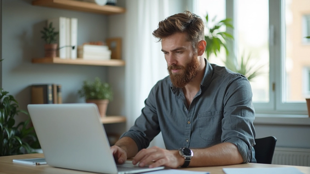 Профессиональная фотография молодого предпринимателя, работающего с ноутбуком в современном офисе